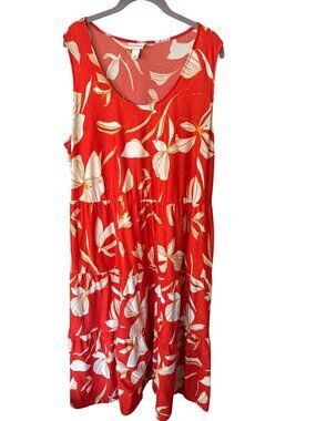 AVA & VIV Sz 2X Red Orange Floral A Line Tier Lightweight Midi Dress W/ Pockets